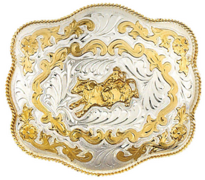 Bull Rider German Silver Belt Buckle with Scroll Pattern - Oversize